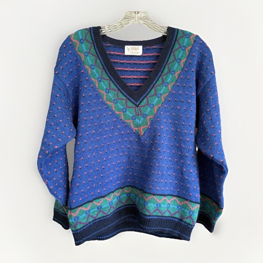 Vintage 80s Beldoch‎ Popper Women’s V-Neck Sweater Blue Green Geometric Size M
